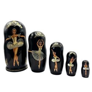 Handmade Russian Matryoshka, 5 Wood Nesting Boxes, Ballet Theme, Black and White